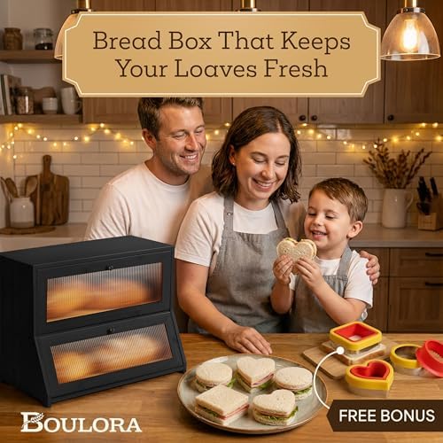 Large Bread Box for Kitchen Countertop - Black Bread Box, Bamboo Breadbox & Wooden Bread Boxes | Vintage Countertop Cabinet | Ventilated Double-Layer, Panoramic Windows, Cutters & Sealers
