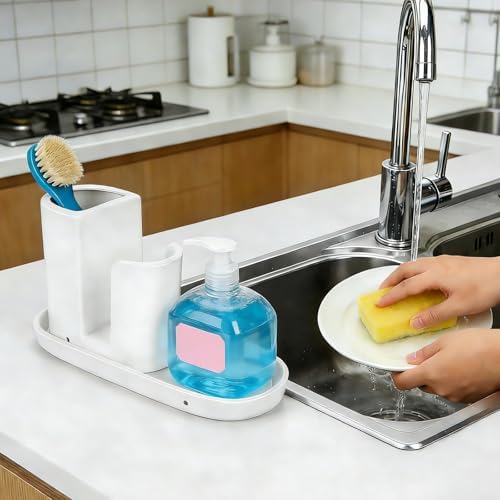 White Ceramic Kitchen Sink Organizer with Sponge Holder