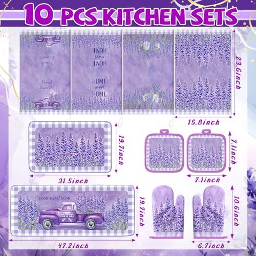 VitalCozy 10 Pcs Purple Lavender Kitchen Decor Set Kitchen Towels