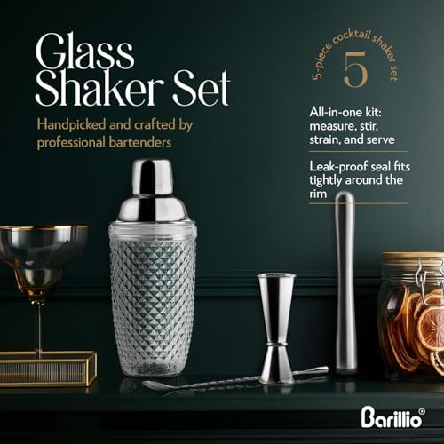Barillio Glass Cocktail Shaker Set | 14 oz Cobbler Mixer with Bar