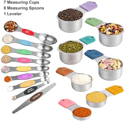 Measuring Cups and Spoons Set 16, Metric & US Stainless Steel Magnetic