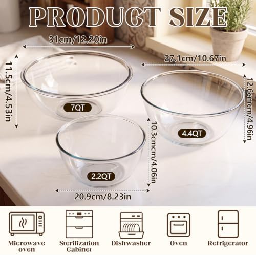 3 Pack Large Glass Mixing Bowl Set 7QT, 4.4QT, 2.2QT Borosilicate
