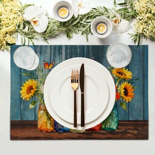 Spring Summer Sunflower Placemats Set of 4, 12x18 Inch Rustic Vintage