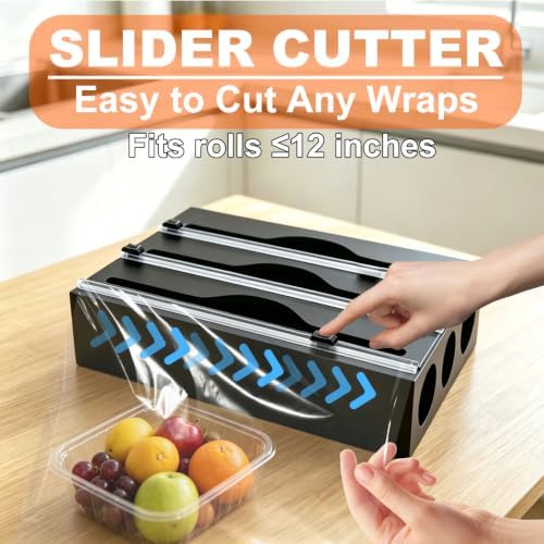 Wrap Dispenser Compatible with Saran, 3 in 1 Cutter Organizer, Black