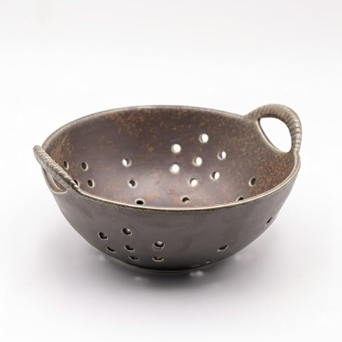 8" Ceramic Berry Colander with Handles, Reactive Glaze Fruit Washing Bowl by Amitofo