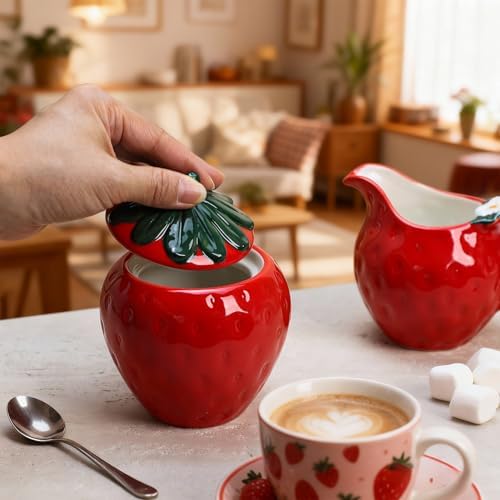 CHOOLD Ceramic Strawberry Shape Creamer and Sugar Bowl Set, Cream