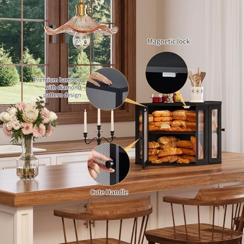 Corner Bread Box for Kitchen Countertop,Bread Storage for Homemade Bread, Double Layer Large Bamboo Kitchen Storage Bin with Window (Black, Medium)