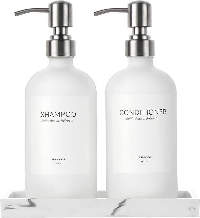 White Glass Soap Dispenser Set for Kitchen, Hand and Dish Soap Dispenser by unisence