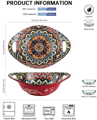 Henten Home Ceramic 19 oz Salad Bowls, Boho Soup Bowl with Handle, Set