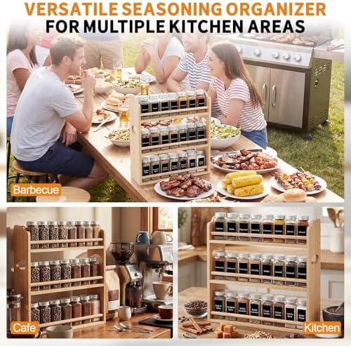 Domensi 3 Tier Bamboo Spice Rack Organizer with 24 Spice Glass Jars