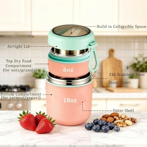 Dual-Compartment Insulated Food Jar with Topping Tray, 24oz Stainless