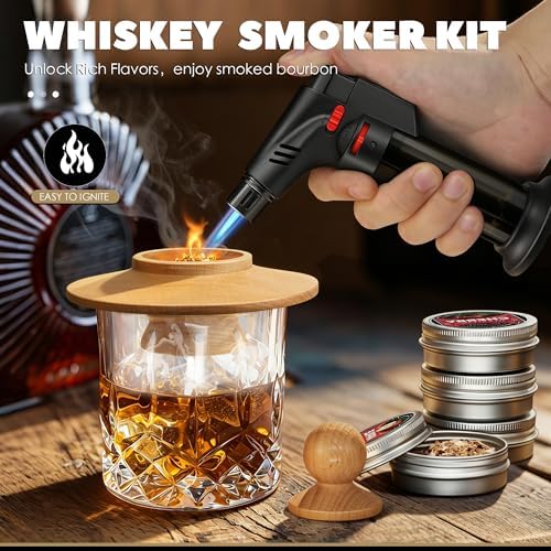 Whiskey Smoker Kit with Torch Lighter, 4 Flavor Wood Chips + 2pcs Mesh