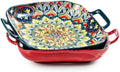 Besmeety Square Pasta Bowls with Handle, Boho Salad Serving Bowls Set of 2, Ceramic 7.09" Pasta Plates for Housewarming Present, Party (Green+Red)