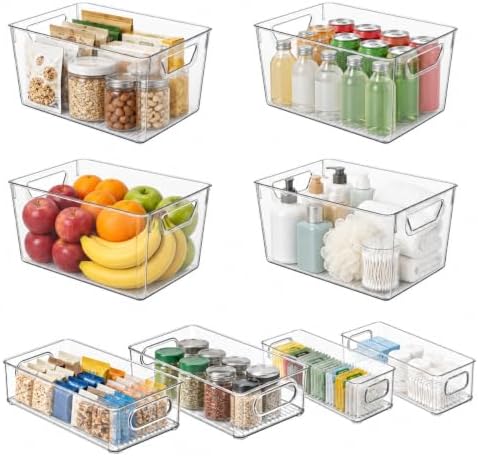 8 Pack Clear Plastic Storage Bins, 3 Sizes: 4L+2M+2S