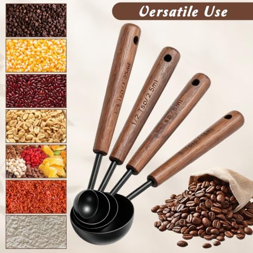 4 Pcs Wooden Handle Measuring Spoons, Black Stainless Steel Measuring