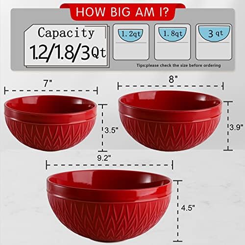 AVLA Porcelain Mixing Bowls for Kitchen, 3/1.8/1.2 Qt Ceramic Large