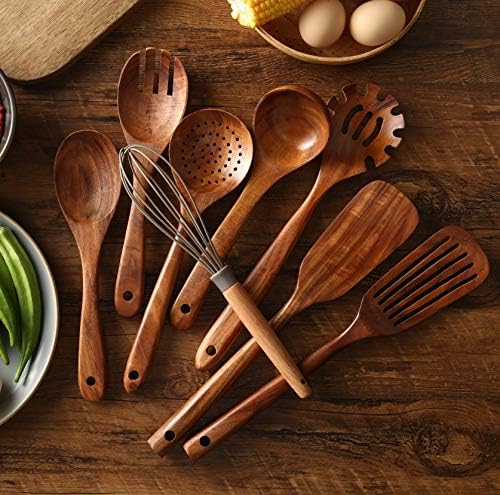 NAYAHOSE 9-Piece Teak Wooden Utensil Set with Holder