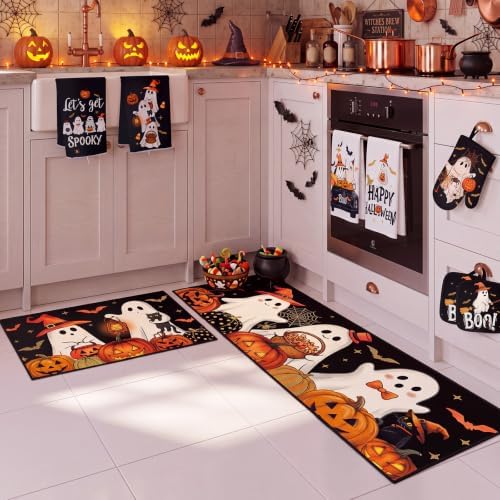 Fourluoo 10 Pcs Halloween Kitchen Decor Set Ghost Pumpkin Kitchen