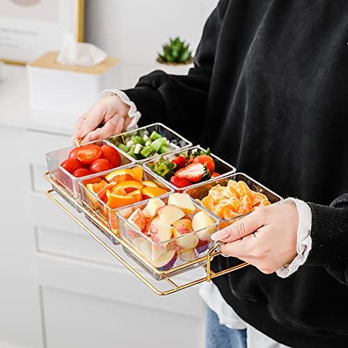 6 Clear Glass Serving Bowls Set with Gold Metal Rack Tray, Removable