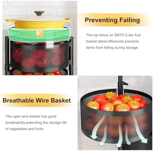 SNTD 5-Tier Fruit and Vegetable Basket Bowls for Kitchen, Rotating, Black