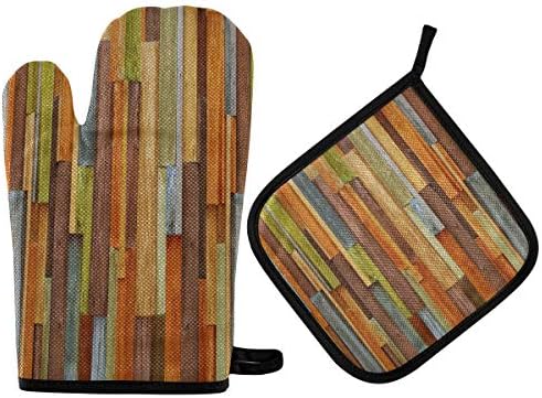 QMXO Watercolor Wooden Colorful Texture Oven Mitts Quilted Cotton