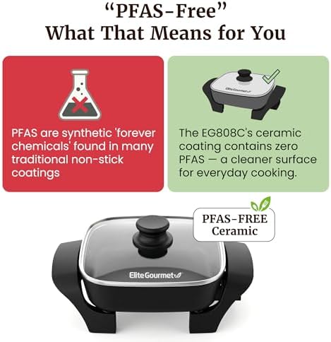 Elite Gourmet 2.5Qt PFAS-Free Ceramic Electric Skillet, 8"x8", Compact