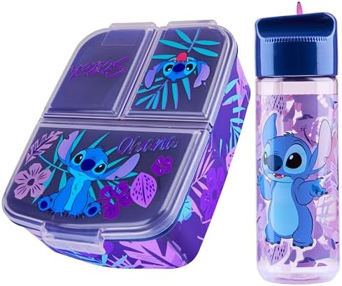 Disney Stitch Kids Lunch Box with Compartments and Water Bottle for