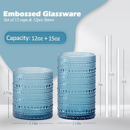 Hobnail Drinking Glasses with Straws, 15oz&12oz Vintage Glassware Set
