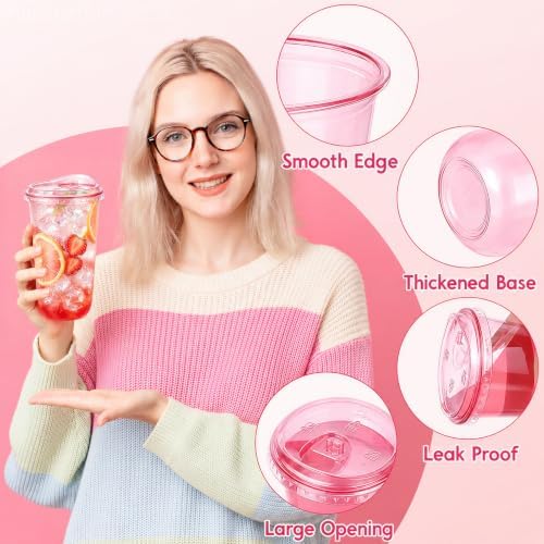 KesaPlan 50 Pack 18 oz Pink Round Bottom Plastic Party Cups with Sip