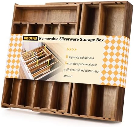Acacia Wood Silverware Drawer Organizer, 21 Inch Adjustable Cutlery