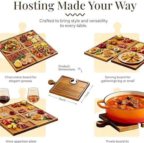 Set of 4 Acacia Wood Charcuterie Board, Puzzle Interlocking Serving Tray with Handle & Storage Box