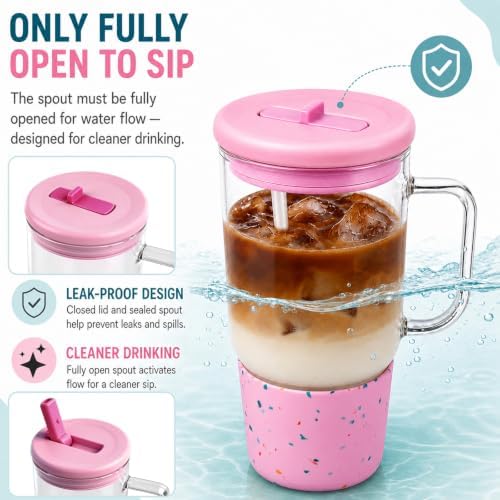 40oz Glass Tumbler with Flip Straw Lid, Handle, Silicone Sleeve, Pink