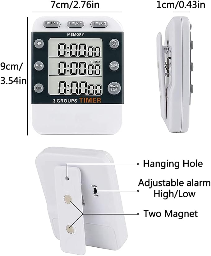 Digital Dual Kitchen Timer for Cooking, 3 Channels Count Down/up Triple Multi - Image 2