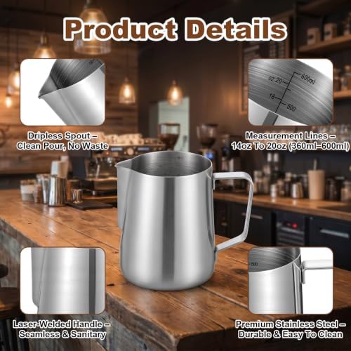4 Pcs 20oz Stainless Steel Milk Frothing Pitcher Kit with Latte Art