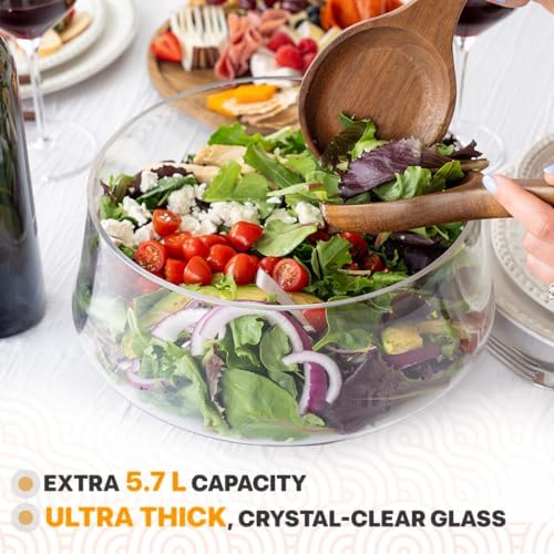 Large Glass Salad Bowl with Lid Set, 5.7 L Decorative Glass Mixing