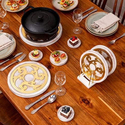 Trivets for Hot Dishes - Set of 4 with Holder | White Washed Wood &