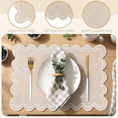 Linen Placemats Set of 12 Scalloped Placemat 13 X 19,Regular,Cream