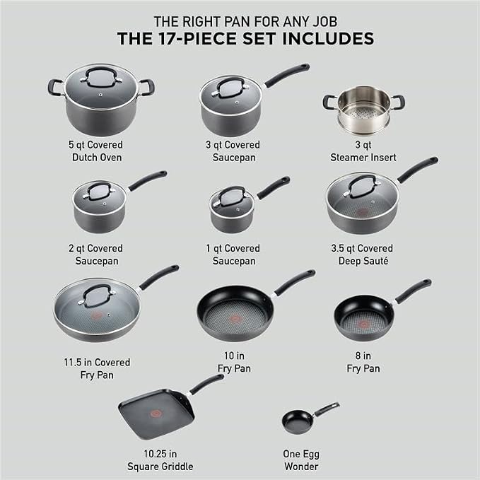 T-Fal Ultimate Hard Anodized Nonstick Pots and Pans Set 17 Piece, Nonstick - Image 2