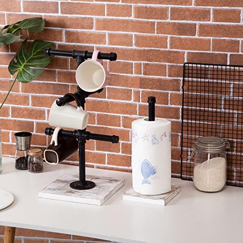 Mug Hanging Rack Kitchen Paper Towel Holder 2 Piece Industrial Black