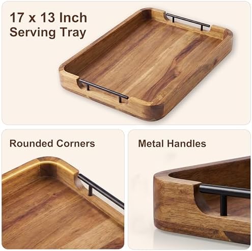 ZUJJAFY Serving Tray with Metal Handles, 17 x 13 in Acacia Wood Tray