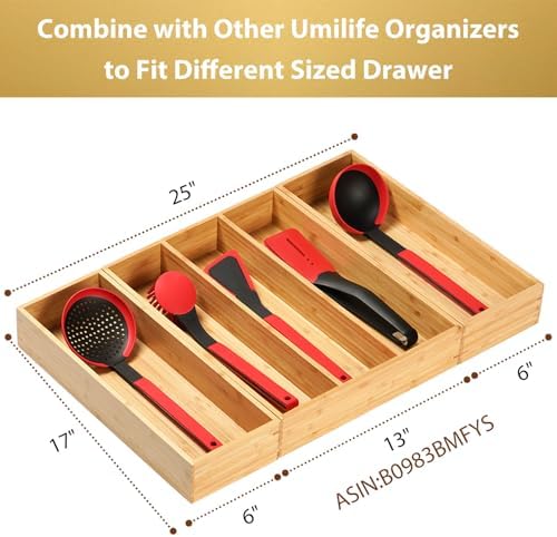 Umilife Bamboo Kitchen Utensils Organizer, Extra Long High Silverware