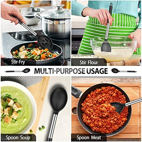 Silicone Cooking Spatula and Spoon Set, Stainless Steel