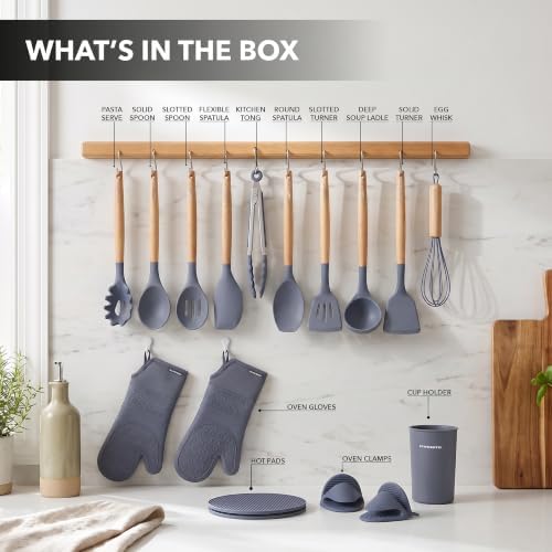 OVENTE Silicone Cooking Utensils Set, 17-Piece, Grey