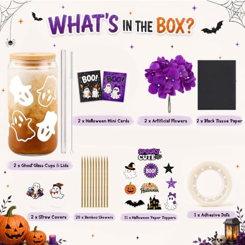 2-Pack Halloween Ghost Glass Cups with Lids& Straws, Boo Basket