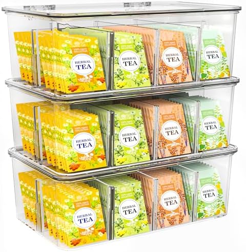 Utopia Home Tea Bag Organizer with Lids, Stackable Tea Box, 3 Pack