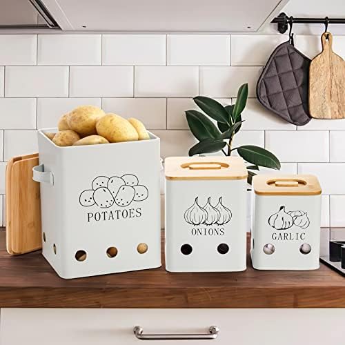 WUWEOT 3 Pack Vegetable Storage Tins, Metal Onion Garlic Potato Jars