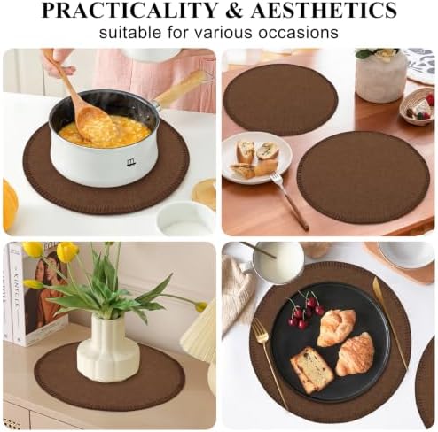 15" Round Placemats Set of 6, Faux Linen Cloth Place Mats, Coffee