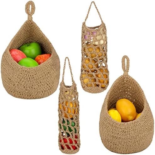 Xuhal 4 Pcs Jute Hanging Fruit Basket Wall Storage, Classic Style