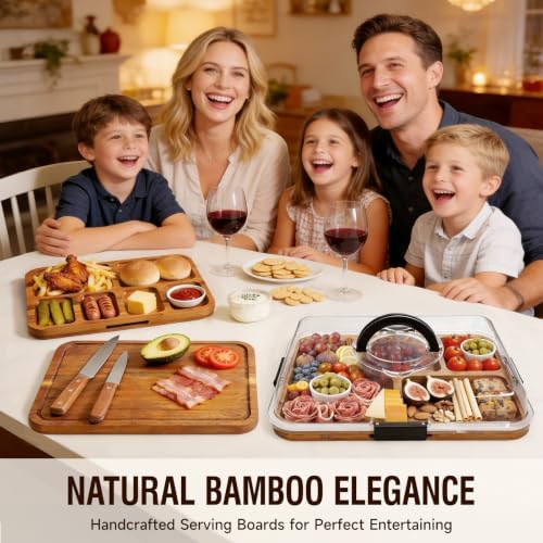 Renmxj Charcuterie Board with Lid, Carbonized Bamboo, Knives Set and Bowls