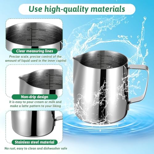 4 Pcs Milk Frothing Pitchers, 12 Oz 304 Stainless Steel Espresso